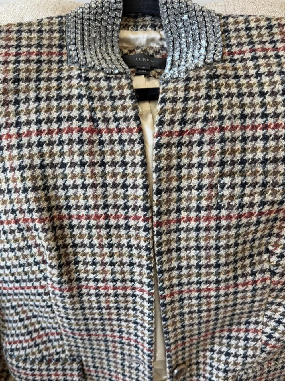J. Crew Multi-Color Houndstouth blazer w/ gorgeous Crystal-Studded Collar RARE! - Picture 7 of 7